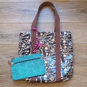 Fossil Key Per Large Coated Canvas Tote Bag‎ Shoulder Purse w/ Matching Pouch